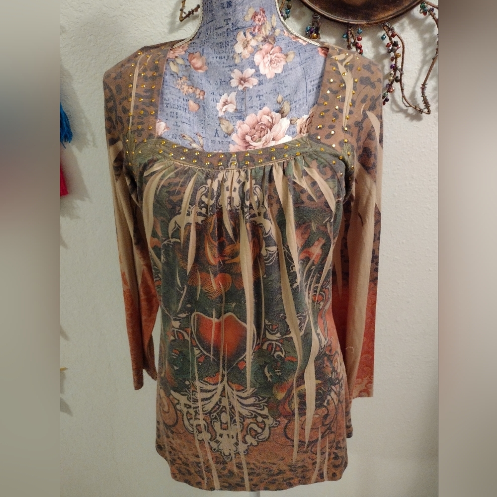 Rare Y2K Carole Little Rose Leopard Heart Rhinestone Ruched Blouse Fairy Top